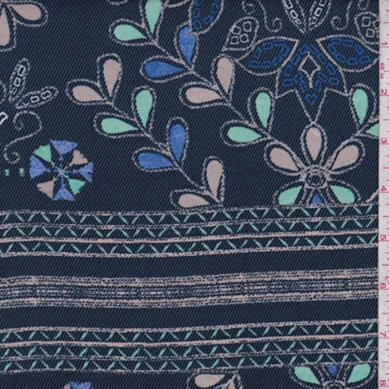 Navy/Beige/Mint Floral Stitch Crepe Georgette Fabric By the Yard